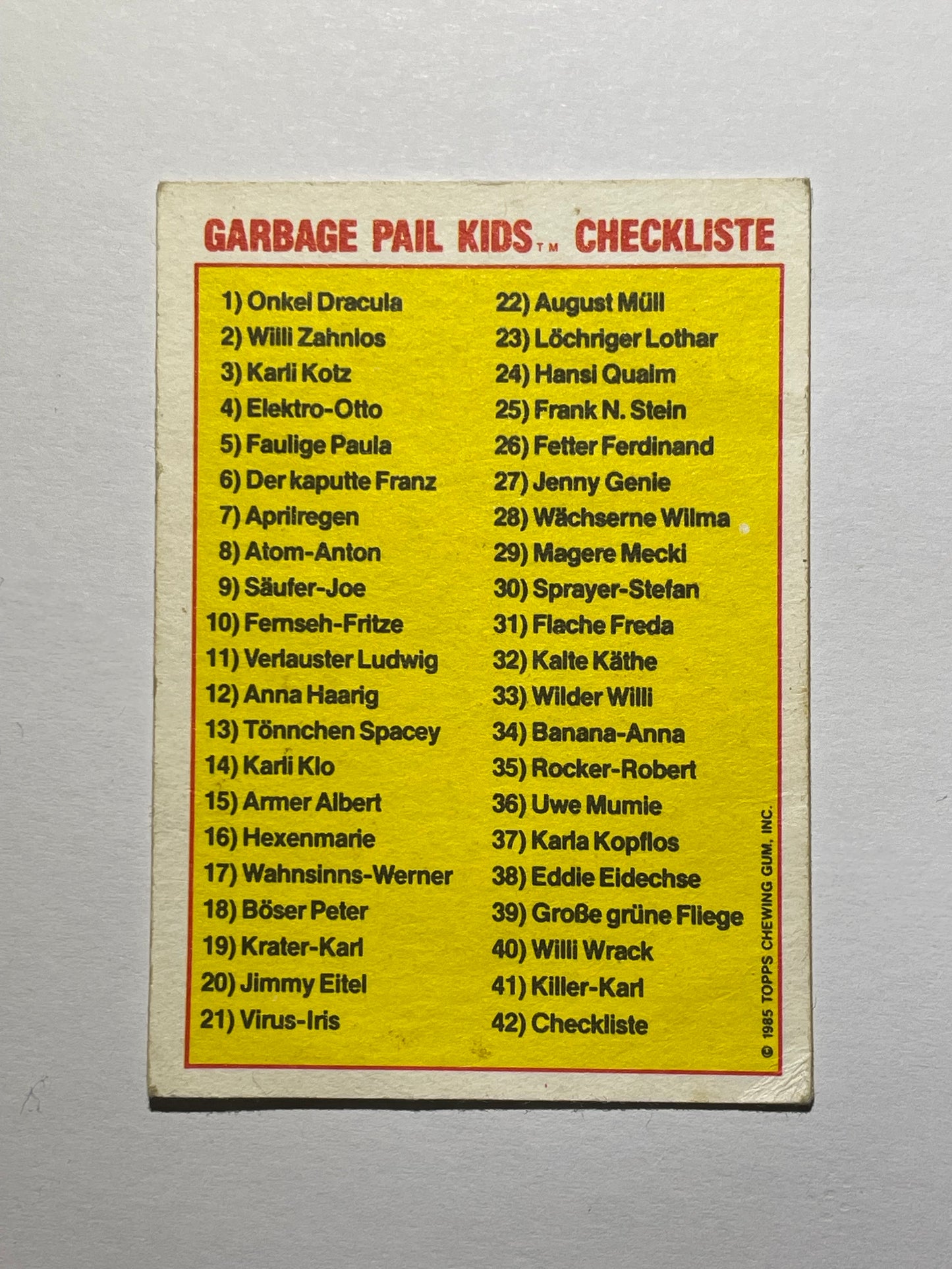 Garbage Pail Kids | German Test Set | 1985 | MAGERE MECKI 29A CHECKLIST | OS1 BONY JOANIE/THIN LYNN - Acrydis