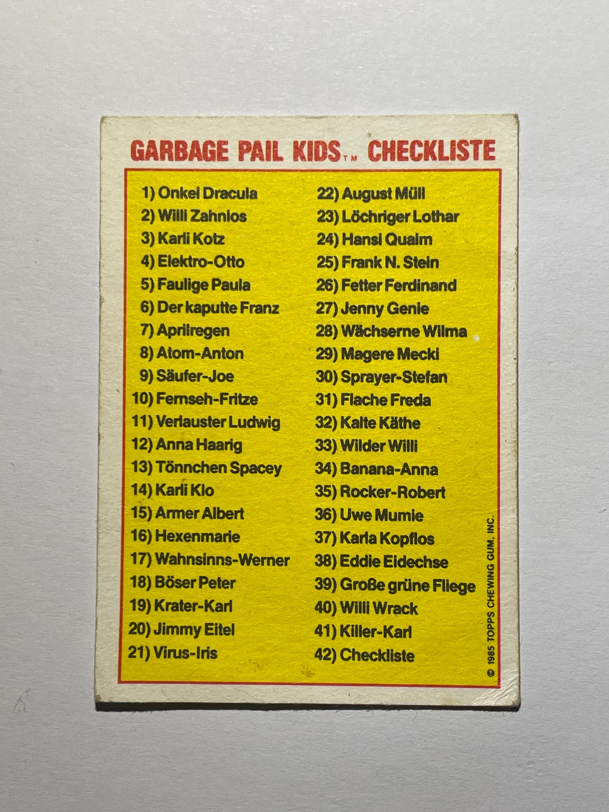 Garbage Pail Kids | German Test Set | 1985 | MAGERE MECKI 29A CHECKLIST | OS1 BONY JOANIE/THIN LYNN - Acrydis